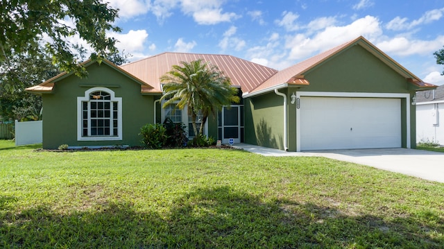 ranch-style home with a front yard and a garage