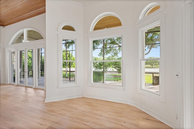 doorway to outside with a wealth of natural light, wood ceiling, and light wood-type flooring