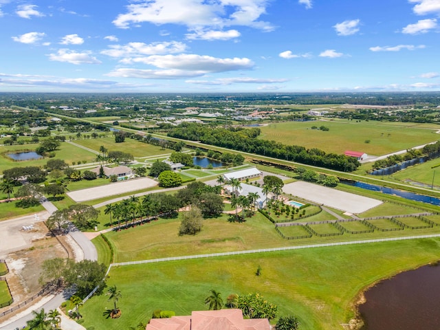 bird's eye view featuring a rural view and a water view