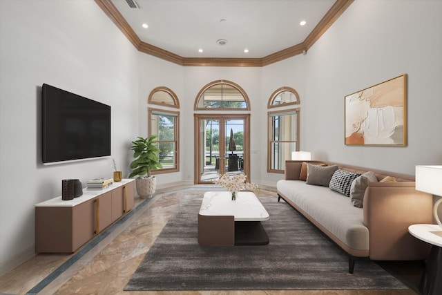 living room featuring french doors, a towering ceiling, and ornamental molding