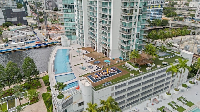 aerial view featuring a water view