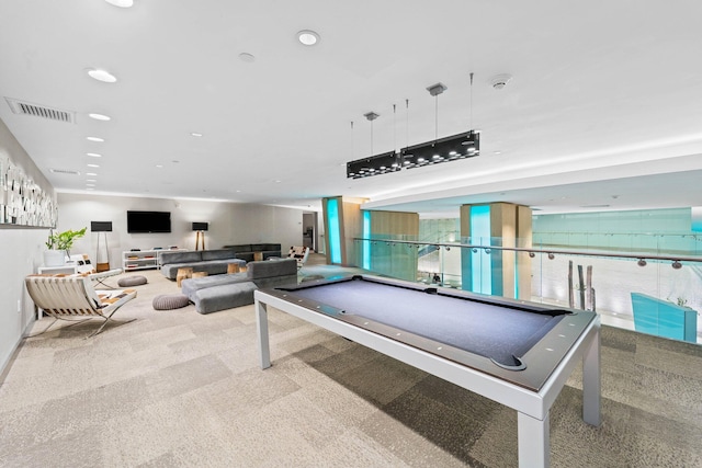 recreation room featuring billiards and light colored carpet