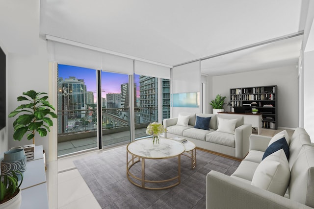 living room featuring expansive windows and tile patterned flooring