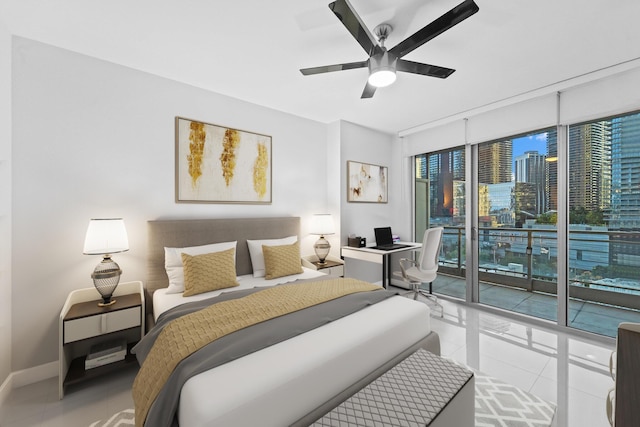 tiled bedroom featuring ceiling fan and access to exterior