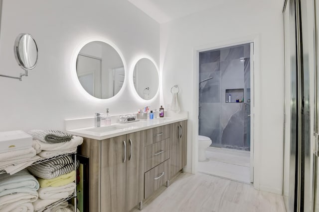 bathroom with a shower with door, vanity, and toilet