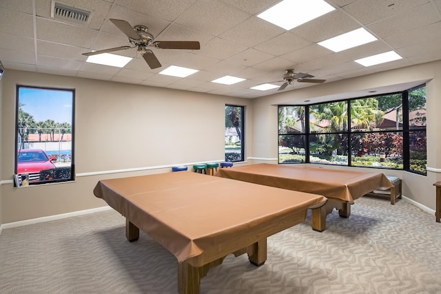 playroom featuring ceiling fan, a drop ceiling, carpet, and billiards