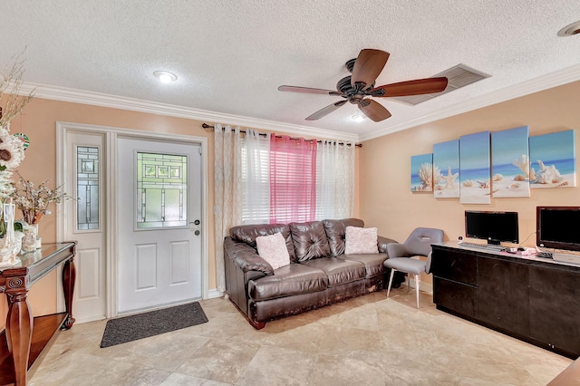 living room featuring a textured ceiling, crown molding, and ceiling fan