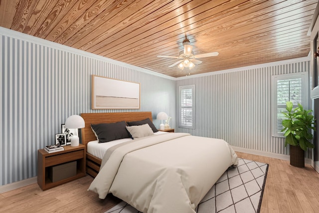 bedroom with ceiling fan, light hardwood / wood-style floors, wooden ceiling, and crown molding