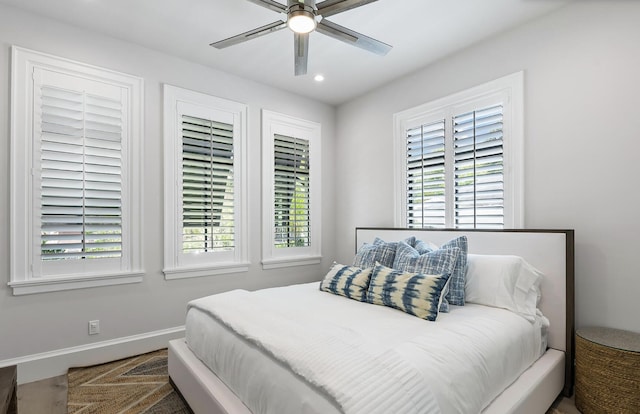 bedroom with baseboards, ceiling fan, and recessed lighting