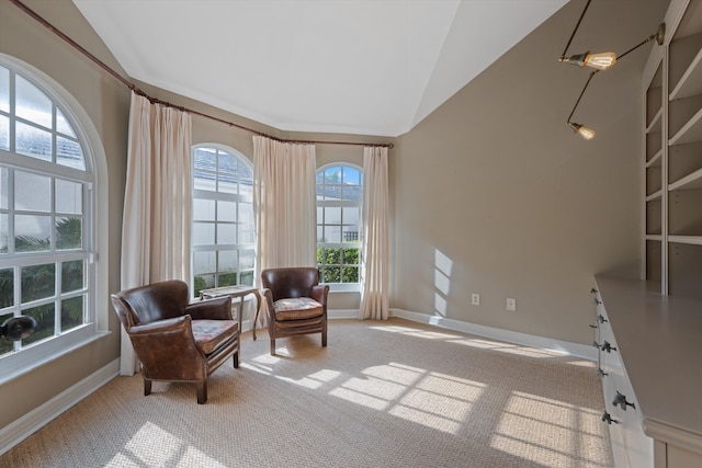 living area featuring vaulted ceiling and light carpet