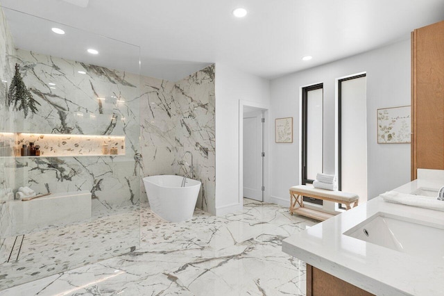 16436 Bridlewood Cir E, Delray Beach, FL 33445 - full bathroom with vanity, recessed lighting, a freestanding tub, a marble finish shower, and marble tiled floors