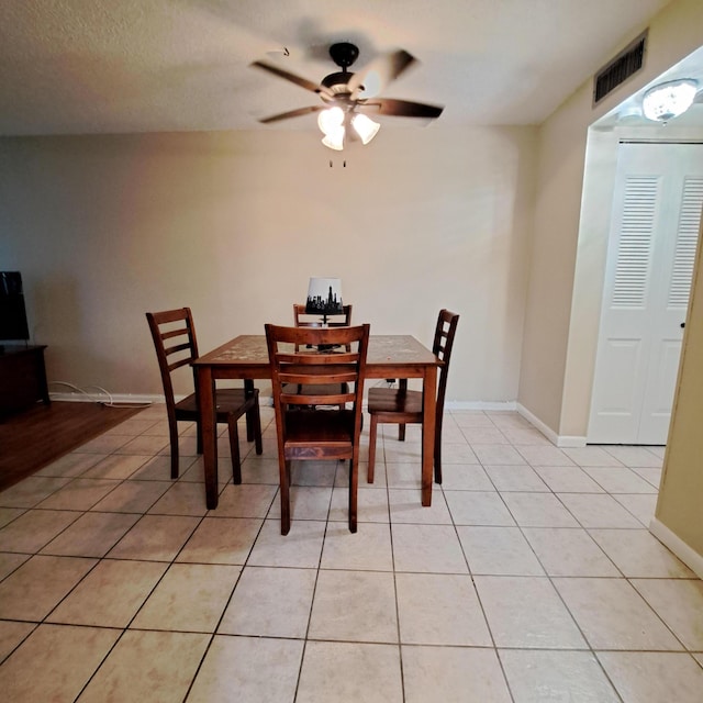 dining room featuring light tile patterned floors, visible vents, baseboards, and a ceiling fan