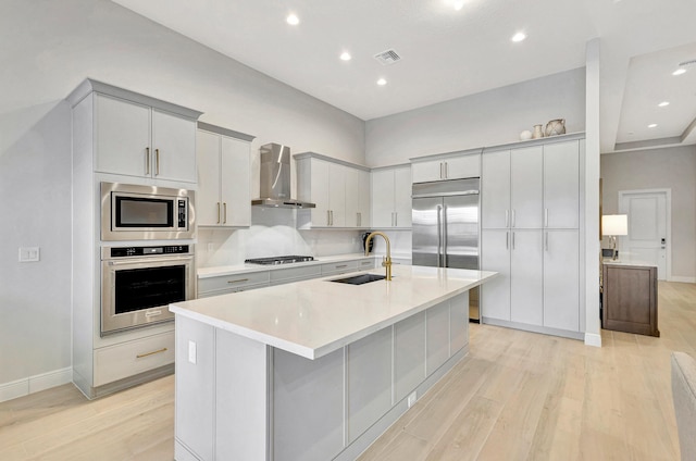 kitchen with built in appliances, wall chimney range hood, sink, and an island with sink