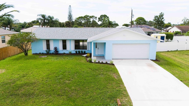 ranch-style home featuring a front yard and a garage