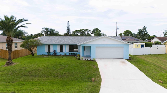 ranch-style house with a front yard and a garage