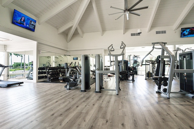 exercise room featuring ceiling fan, hardwood / wood-style floors, and high vaulted ceiling