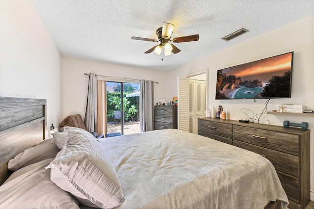 bedroom with a closet, ceiling fan, access to outside, and a textured ceiling