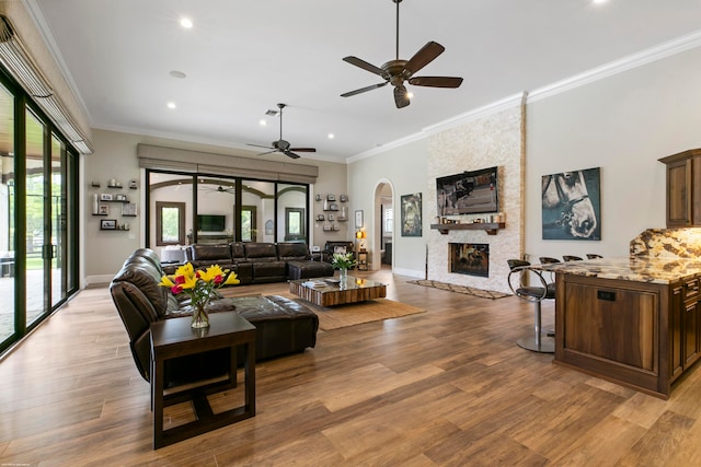 living room featuring ornamental molding, light wood-type flooring, and plenty of natural light