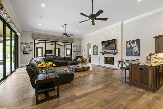 11780 Otter Run, Lake Worth, FL 33449 - living area with arched walkways, a fireplace, a ceiling fan, and wood finished floors