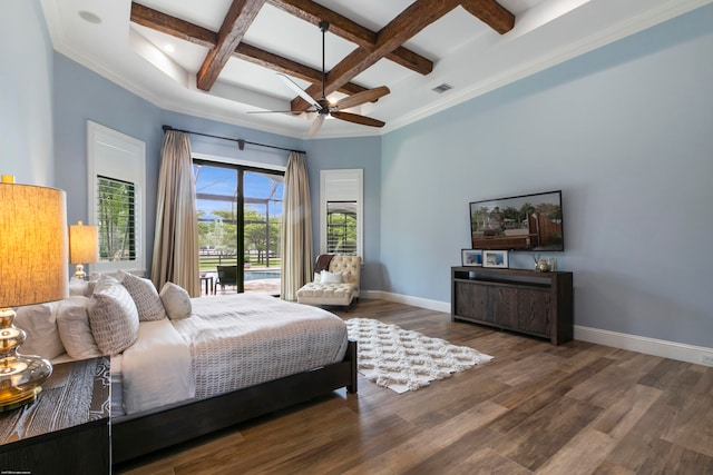 bedroom featuring beamed ceiling, dark wood-type flooring, coffered ceiling, crown molding, and ceiling fan