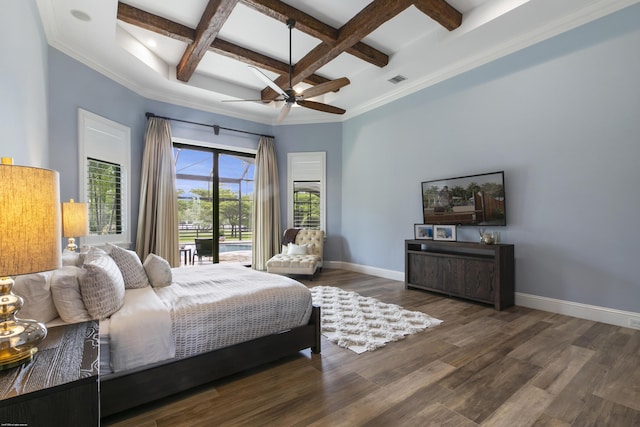 11780 Otter Run, Lake Worth, FL 33449 - bedroom featuring access to exterior, wood finished floors, baseboards, beamed ceiling, and coffered ceiling