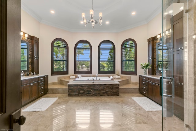 bathroom with crown molding, a healthy amount of sunlight, and vanity