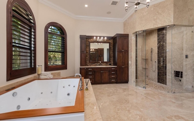 11780 Otter Run, Lake Worth, FL 33449 - bathroom with visible vents, crown molding, a shower stall, a whirlpool tub, and a notable chandelier