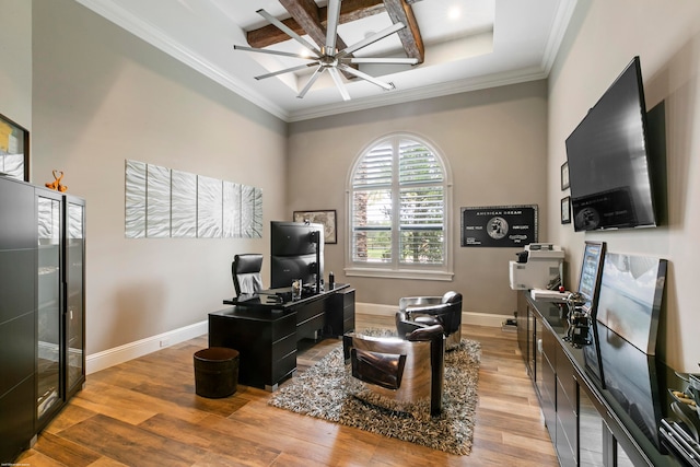 office area with ornamental molding and hardwood / wood-style flooring