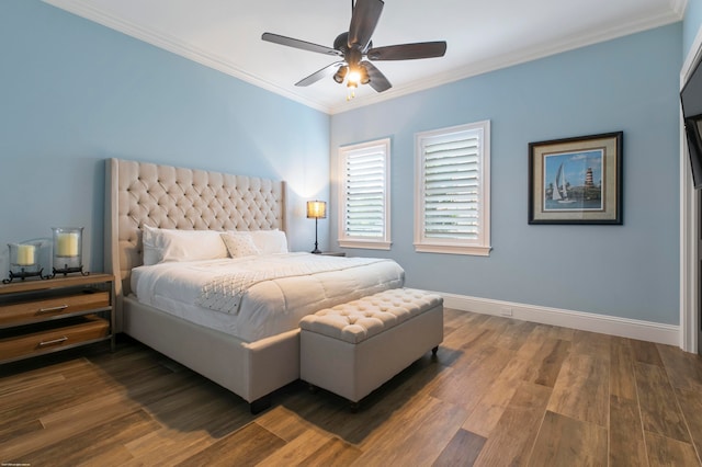 bedroom featuring ceiling fan, crown molding, and dark hardwood / wood-style flooring