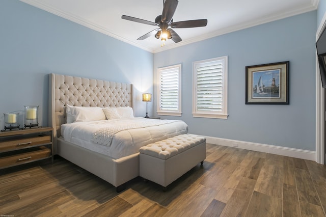 11780 Otter Run, Lake Worth, FL 33449 - bedroom featuring baseboards, ornamental molding, a ceiling fan, and dark wood-type flooring