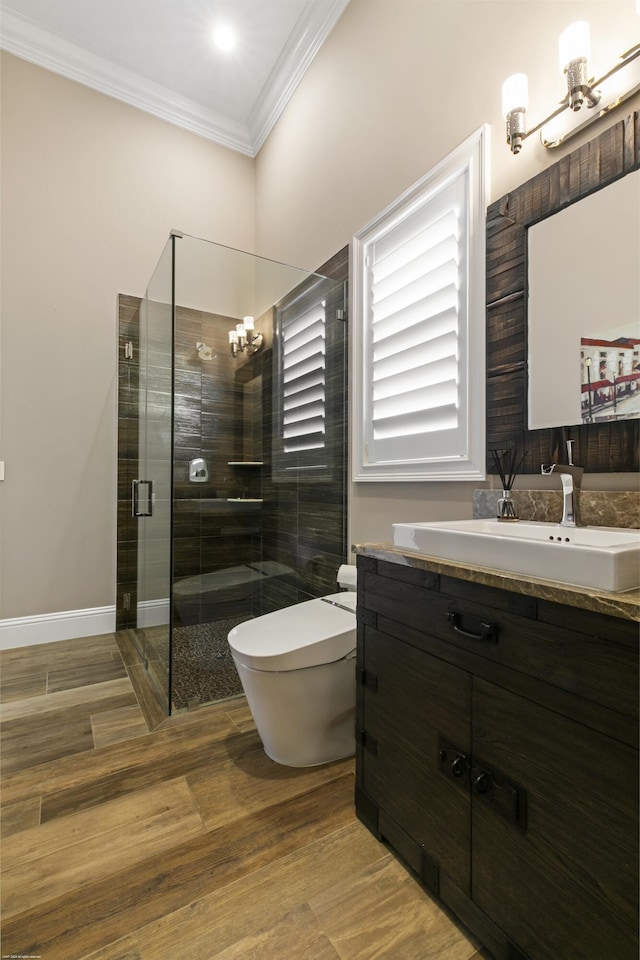 11780 Otter Run, Lake Worth, FL 33449 - full bathroom featuring vanity, ornamental molding, wood finished floors, toilet, and a shower stall