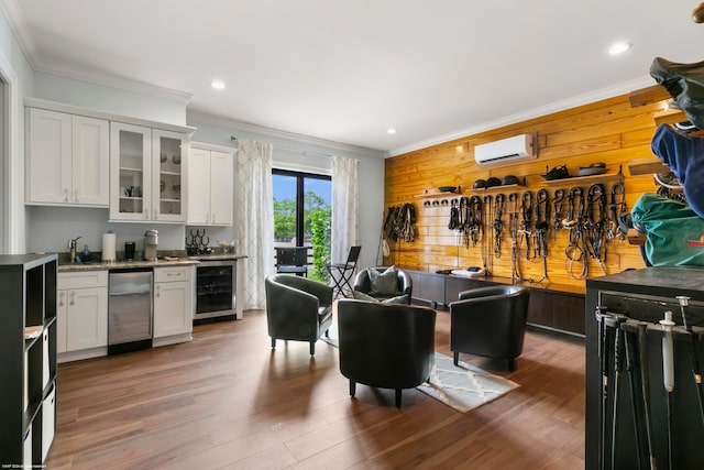 kitchen featuring white cabinetry, dark wood-type flooring, wine cooler, a wall unit AC, and ornamental molding