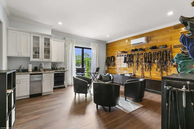 11780 Otter Run, Lake Worth, FL 33449 - kitchen featuring a wall mounted AC, refrigerator, wine cooler, ornamental molding, and white cabinetry