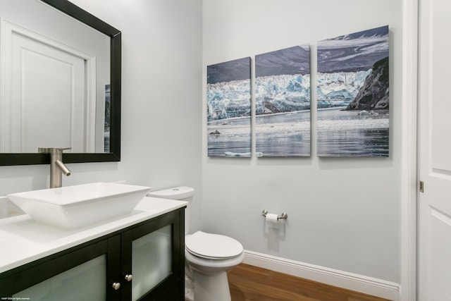 bathroom with wood-type flooring, vanity, and toilet