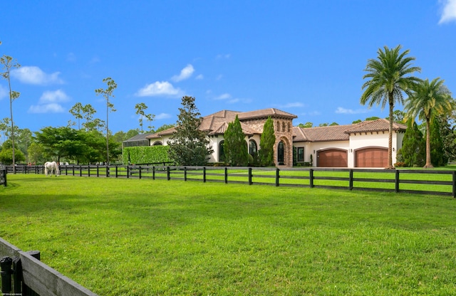 view of yard with a garage