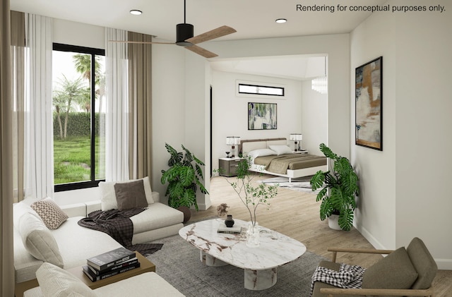 living room featuring hardwood / wood-style floors and ceiling fan