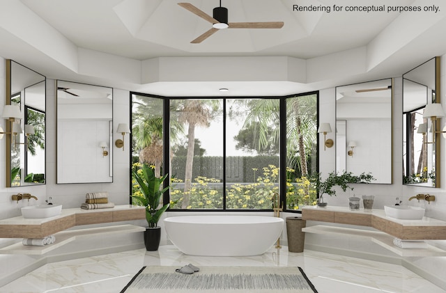 bathroom featuring vanity, separate shower and tub, a healthy amount of sunlight, and ceiling fan