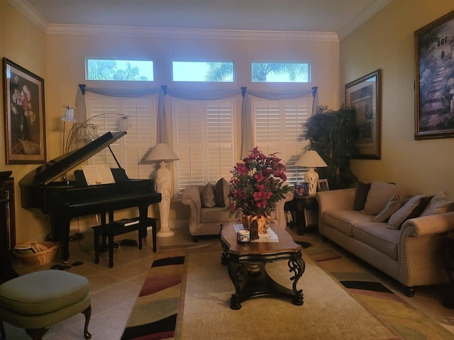 tiled living room with ornamental molding