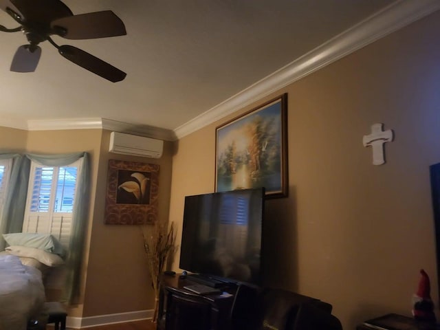 living room featuring ceiling fan, an AC wall unit, and crown molding