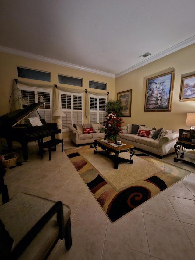 tiled living room with crown molding