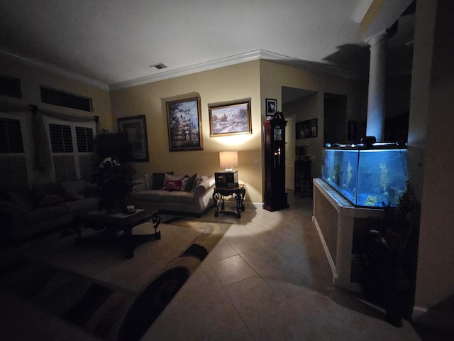 living room featuring crown molding and tile patterned flooring