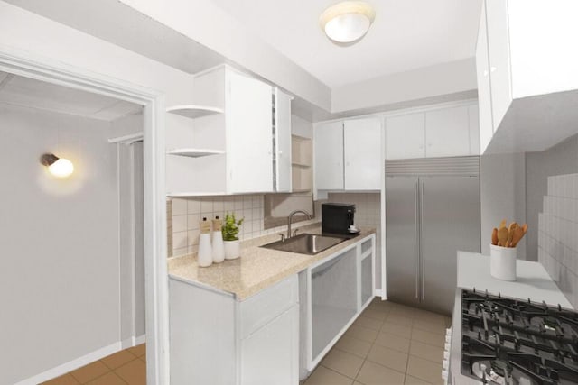 kitchen featuring light countertops, white cabinetry, open shelves, a sink, and built in fridge