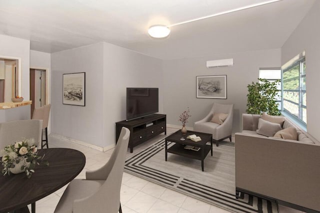 living area featuring baseboards and a wall mounted AC