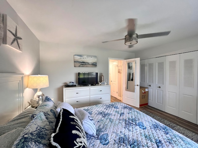 bedroom featuring a closet, ceiling fan, and hardwood / wood-style flooring