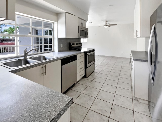 kitchen featuring ceiling fan, sink, appliances with stainless steel finishes, and white cabinets