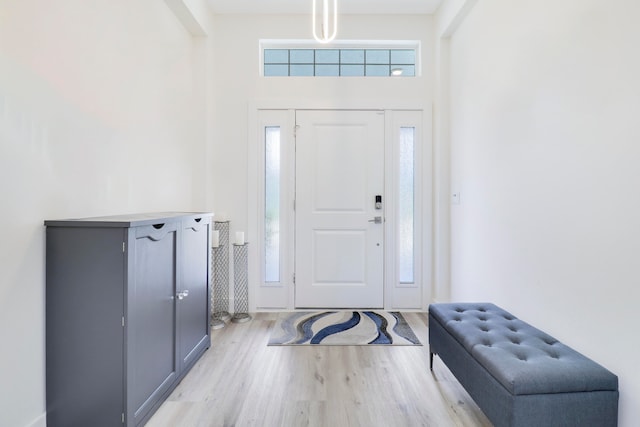 entryway featuring a towering ceiling and light hardwood / wood-style floors