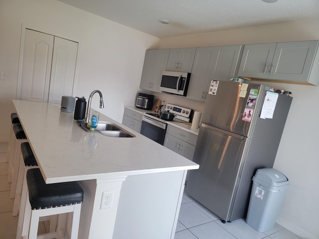 kitchen with gray cabinetry, stainless steel appliances, sink, and a center island with sink