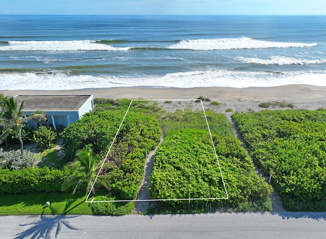 aerial view with a water view and a view of the beach