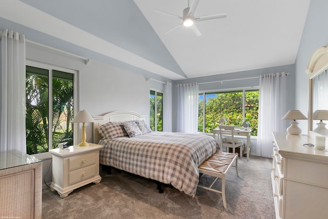 bedroom with high vaulted ceiling, carpet, and ceiling fan