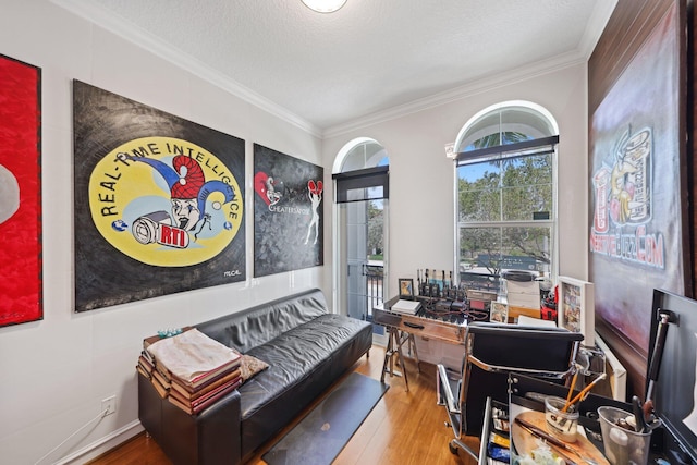 office space featuring wood finished floors, crown molding, and a textured ceiling
